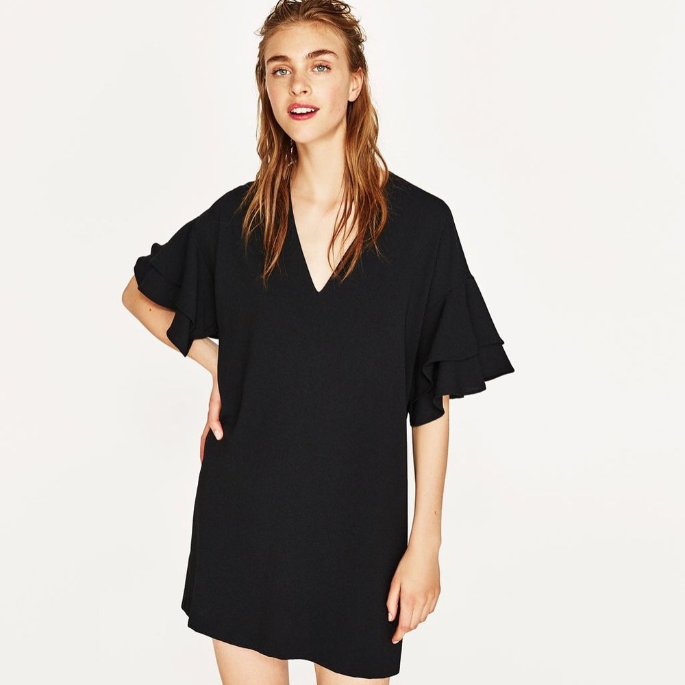 NWT Zara Ruffle Sleeve Black Dress